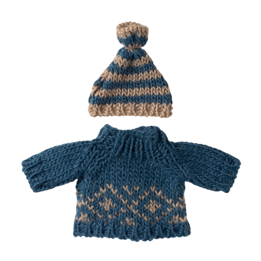 PRE-ORDER Maileg Knitted Sweater and Hat  - Blue (Dad Mouse)